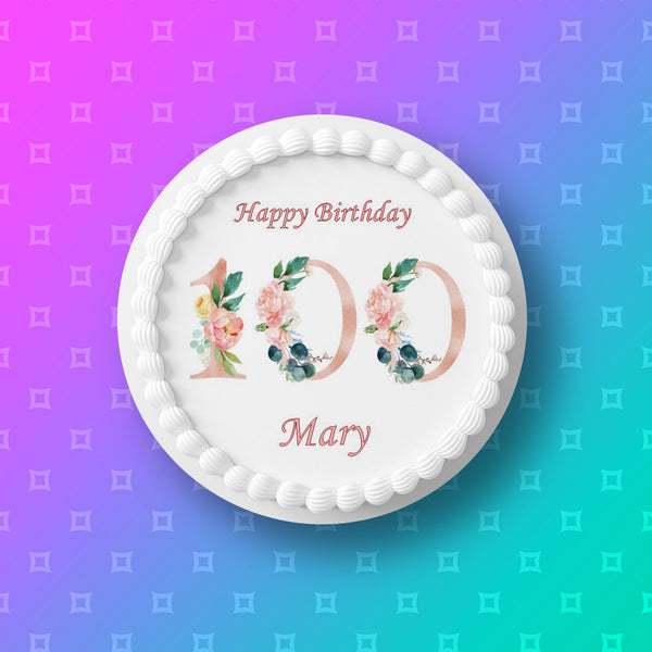 100th Birthday Flowers Edible Icing Cake Topper or Ribbon