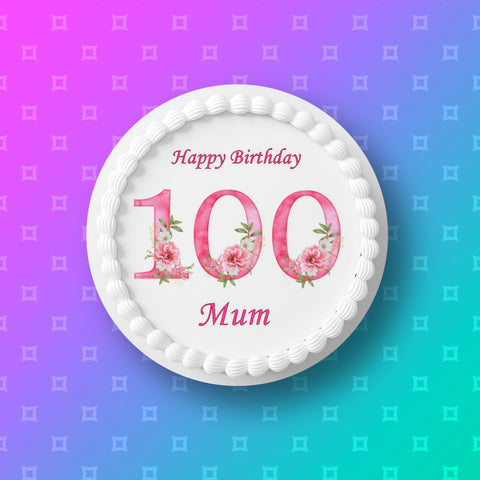 100th Birthday Flowers Edible Icing Cake Topper or Ribbon