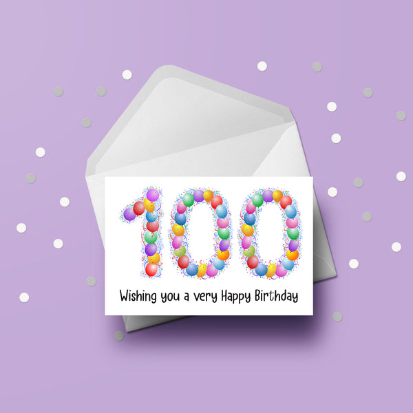 100th Birthday Card with Bright Colourful Balloons
