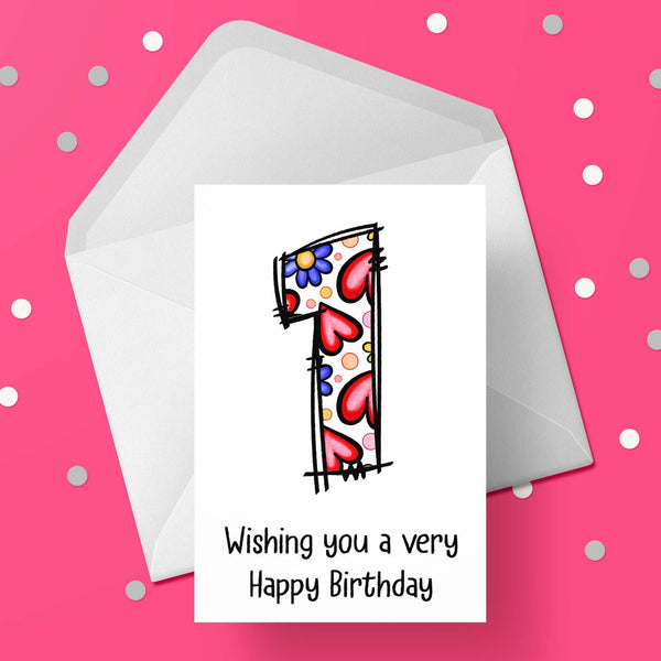 01 1st Birthday Card for Girls with Hearts & Flowers