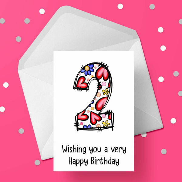 02 2nd Birthday Card for Girls with Hearts & Flowers