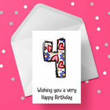 04 4th Birthday Card for Girls with Hearts & Flowers