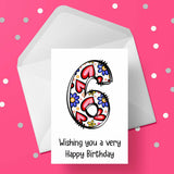 06 6th Birthday Card for Girls with Hearts & Flowers