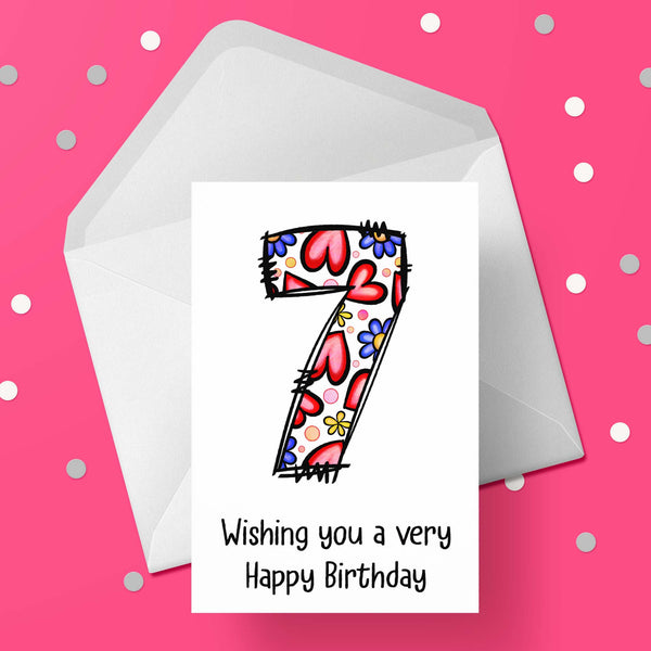 07 7th Birthday Card for Girls with Hearts & Flowers