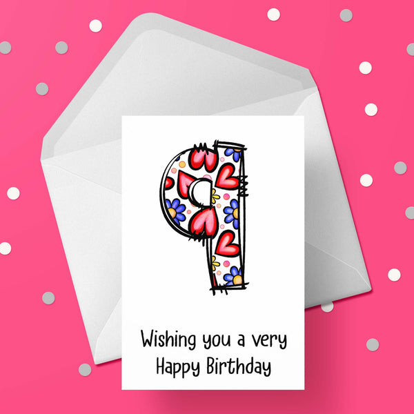 09 9th Birthday Card for Girls with Hearts & Flowers