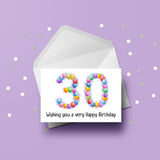 30th Birthday Card with Bright Colourful Balloons