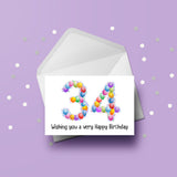 34th Birthday Card with Bright Colourful Balloons