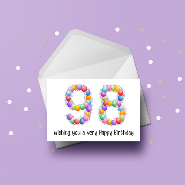 98th Birthday Card with Bright Colourful Balloons